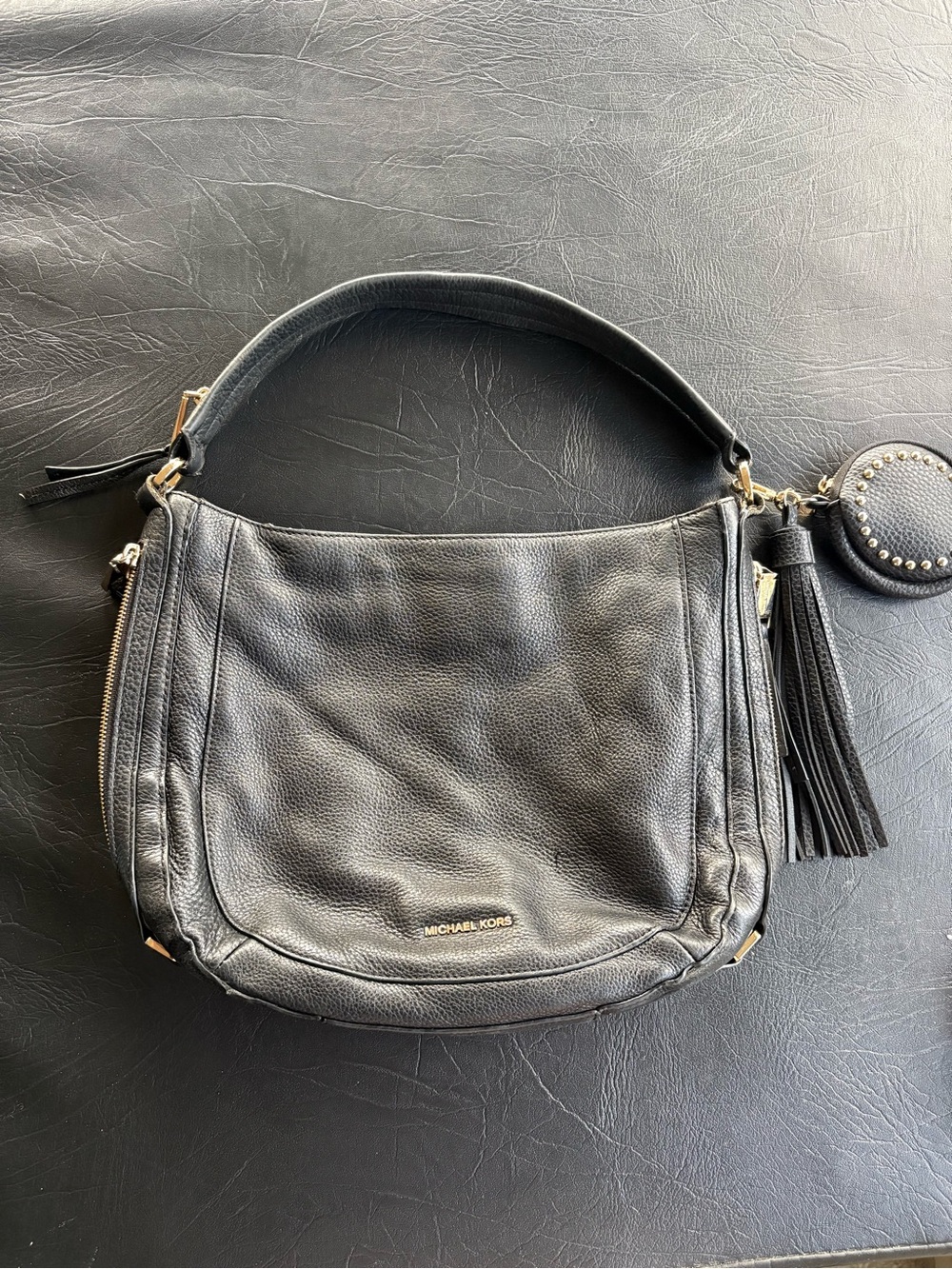 Michael Kors Black Pebbled Leather Hobo Shoulder Bag Tassel